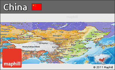 Physical Panoramic Map of China, political shades outside, shaded relief sea