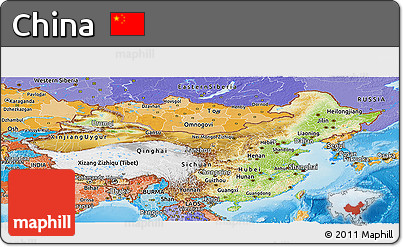 Physical Panoramic Map of China, political shades outside, shaded relief sea