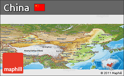 Physical Panoramic Map of China, satellite outside, shaded relief sea