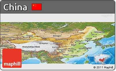 Physical Panoramic Map of China, satellite outside, shaded relief sea