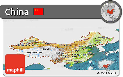 Physical Panoramic Map of China, single color outside, satellite sea