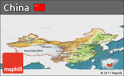 Physical Panoramic Map of China, single color outside, satellite sea