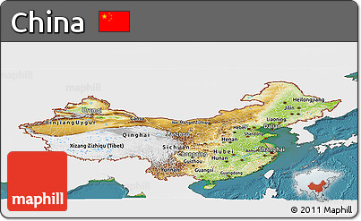 Physical Panoramic Map of China, single color outside, satellite sea