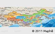 Political Panoramic Map of China, shaded relief outside, bathymetry sea