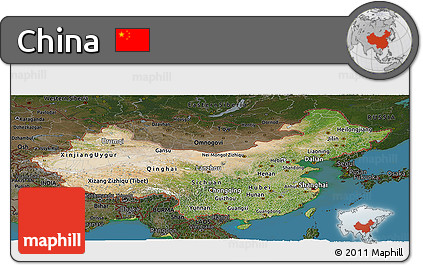 Satellite Panoramic Map of China, darken, land only