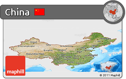 Satellite Panoramic Map of China, single color outside, bathymetry sea
