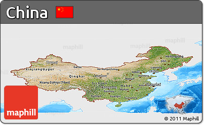 Satellite Panoramic Map of China, single color outside, bathymetry sea