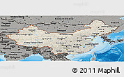 Shaded Relief Panoramic Map of China, darken, semi-desaturated, land only