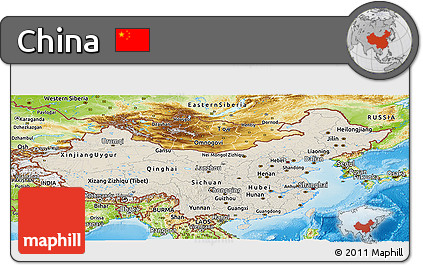 Shaded Relief Panoramic Map of China, physical outside