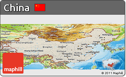 Shaded Relief Panoramic Map of China, physical outside