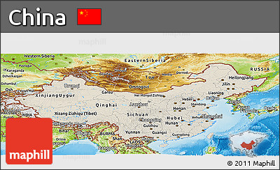 Shaded Relief Panoramic Map of China, physical outside