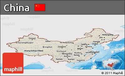 Shaded Relief Panoramic Map of China, single color outside, bathymetry sea, shaded relief sea