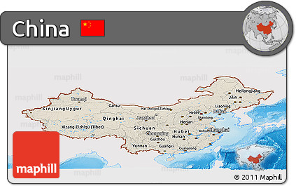 Shaded Relief Panoramic Map of China, single color outside
