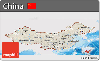 Shaded Relief Panoramic Map of China, single color outside