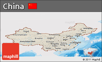 Shaded Relief Panoramic Map of China, single color outside