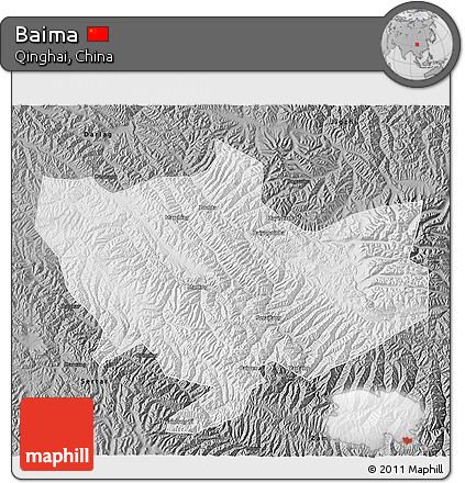 Physical 3D Map of Baima, darken, semi-desaturated