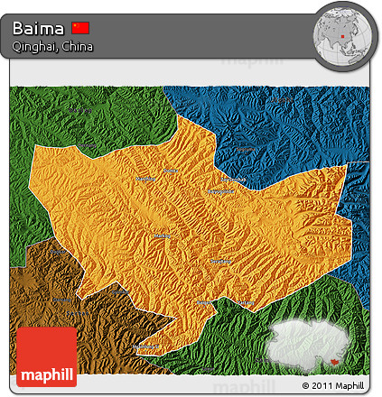Political 3D Map of Baima, darken