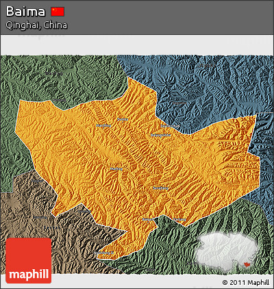 Political 3D Map of Baima, darken, semi-desaturated