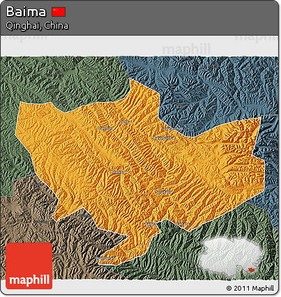 Political 3D Map of Baima, darken, semi-desaturated
