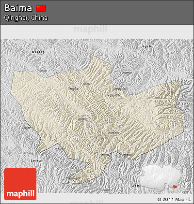 Shaded Relief 3D Map of Baima, desaturated