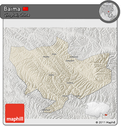 Shaded Relief 3D Map of Baima, lighten, semi-desaturated