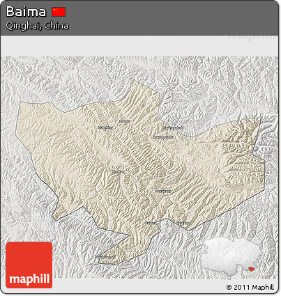 Shaded Relief 3D Map of Baima, lighten, semi-desaturated
