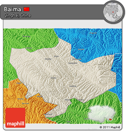 Shaded Relief 3D Map of Baima, political outside
