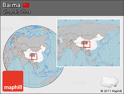 Gray Location Map of Baima, highlighted country, highlighted parent region, within the entire country, hill shading