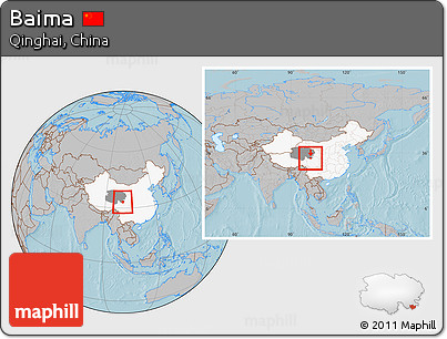 Gray Location Map of Baima, highlighted country, highlighted parent region, within the entire country, hill shading