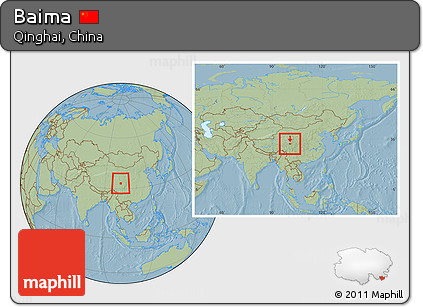 Savanna Style Location Map of Baima, within the entire country, hill shading