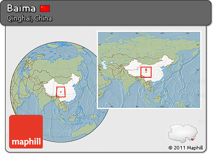 Savanna Style Location Map of Baima, highlighted country, within the entire country, hill shading