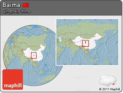 Savanna Style Location Map of Baima, highlighted country, within the entire country, hill shading