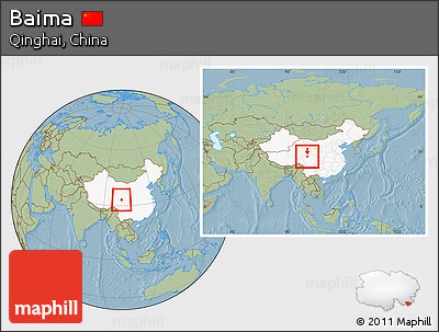 Savanna Style Location Map of Baima, highlighted country, within the entire country, hill shading