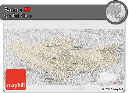 Shaded Relief Panoramic Map of Baima, lighten, desaturated