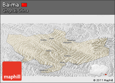 Shaded Relief Panoramic Map of Baima, lighten, desaturated