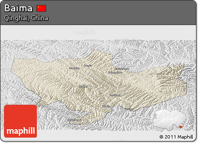 Shaded Relief Panoramic Map of Baima, lighten, desaturated