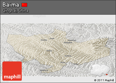 Shaded Relief Panoramic Map of Baima, lighten, semi-desaturated