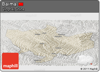 Shaded Relief Panoramic Map of Baima, lighten, semi-desaturated
