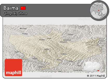 Shaded Relief Panoramic Map of Baima, semi-desaturated