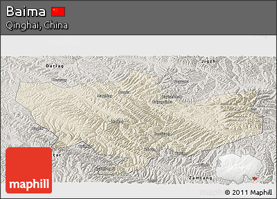 Shaded Relief Panoramic Map of Baima, semi-desaturated