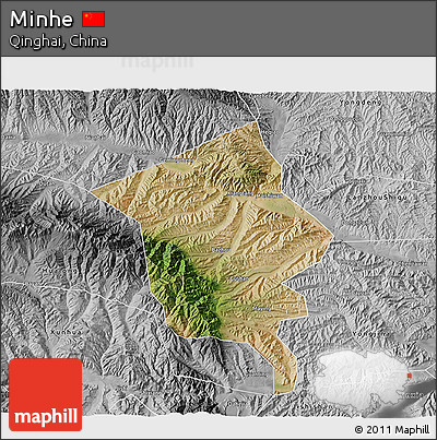 Satellite 3D Map of Minhe, desaturated