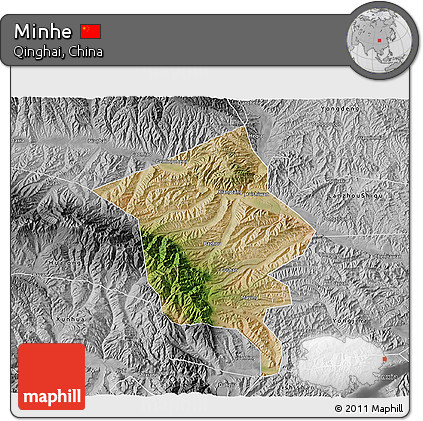 Satellite 3D Map of Minhe, desaturated