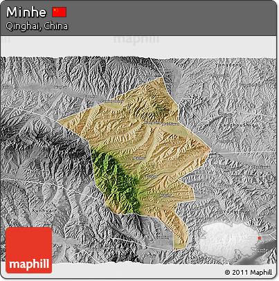 Satellite 3D Map of Minhe, desaturated