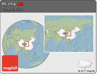 Savanna Style Location Map of Minhe, highlighted country, highlighted parent region, within the entire country, hill shading