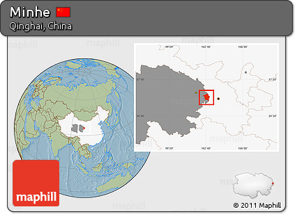 Savanna Style Location Map of Minhe, highlighted country, highlighted parent region, hill shading
