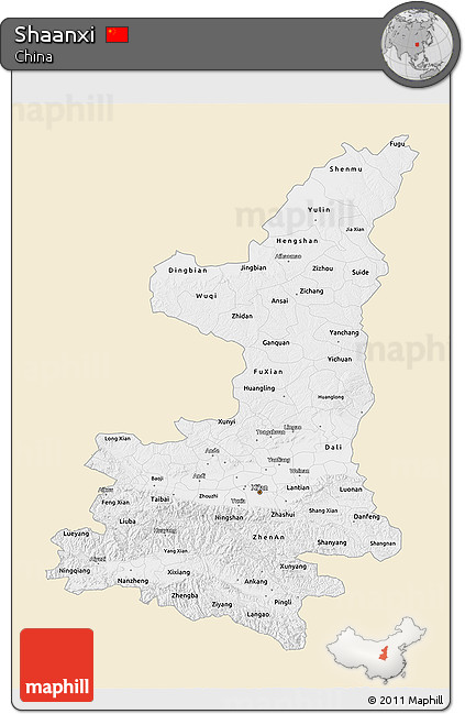 Classic Style 3D Map of Shaanxi, single color outside