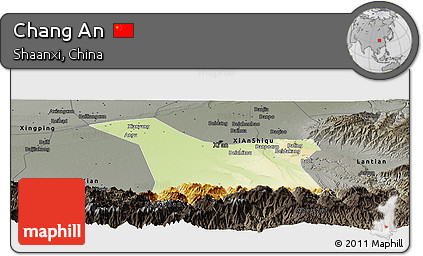 Physical Panoramic Map of Chang An, darken, semi-desaturated