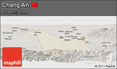 Shaded Relief Panoramic Map of Chang An, semi-desaturated