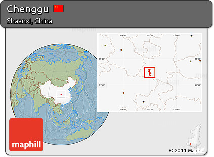 Savanna Style Location Map of Chenggu, highlighted country, hill shading