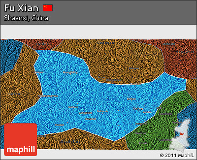 Political 3D Map of Fu Xian, darken